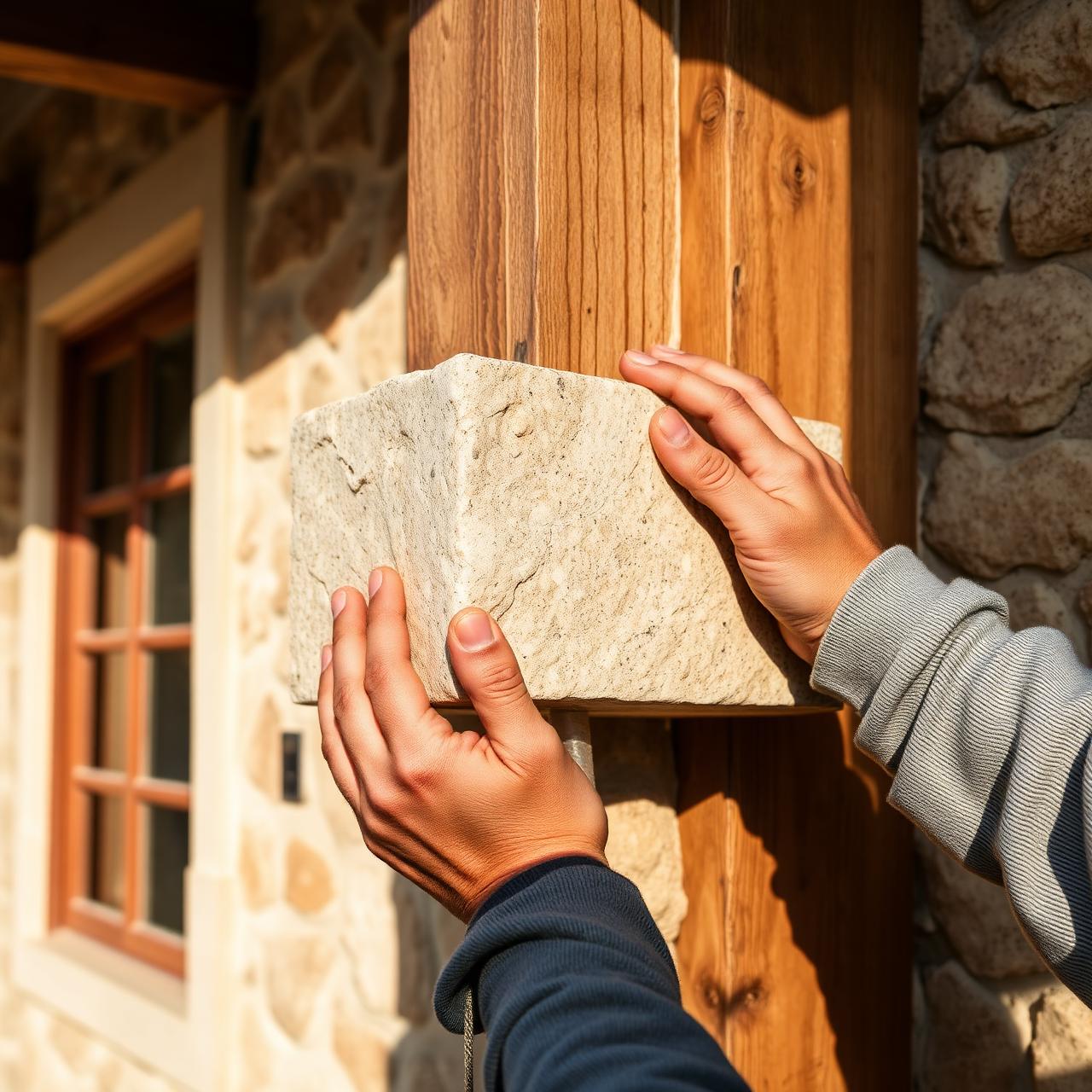 A craftsman placing a natural stone block on a Cypriot villa wall