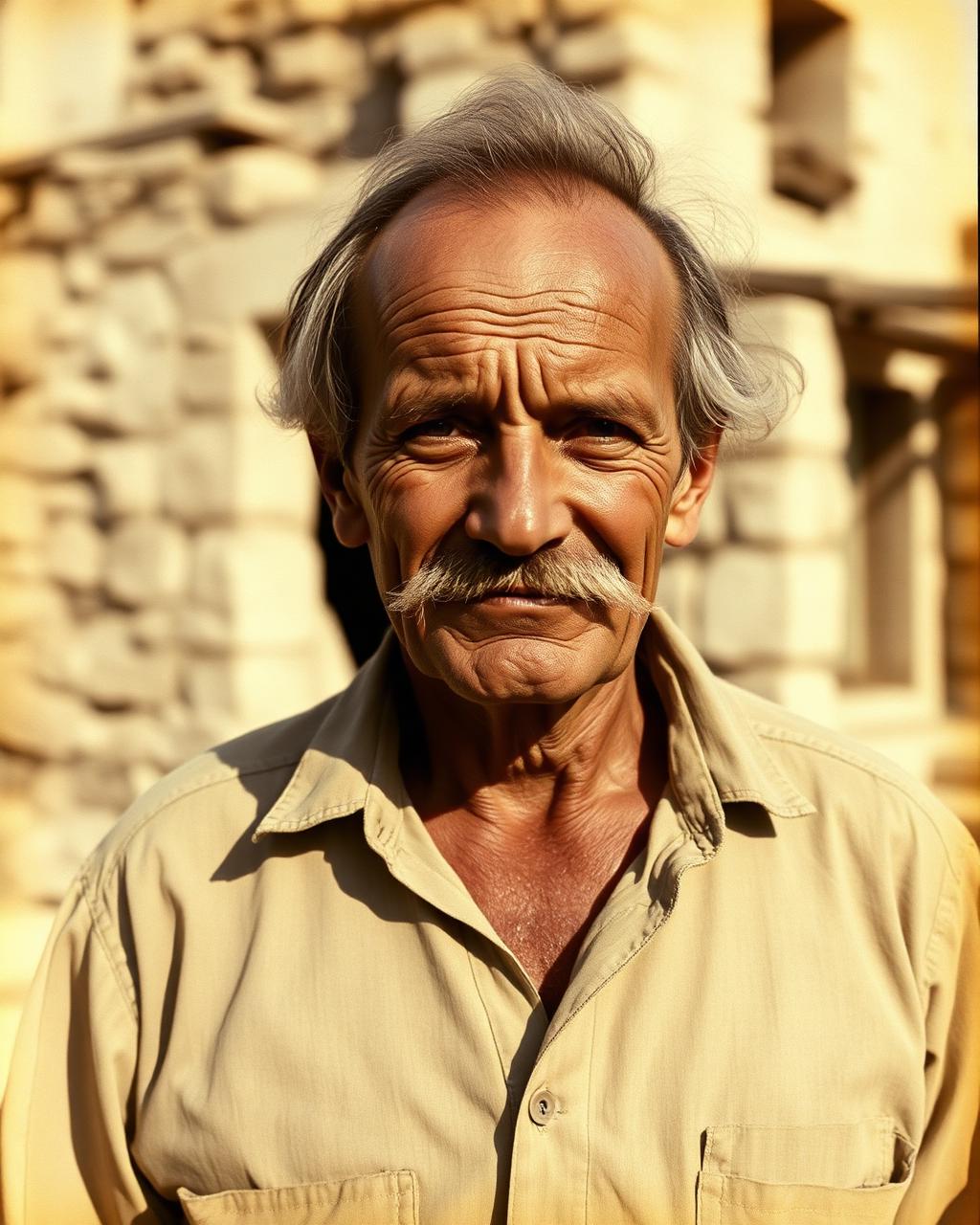 Sepia portrait of founder Christodoulos Frangoudes in front of an early stone house build in Souni, early 1980s