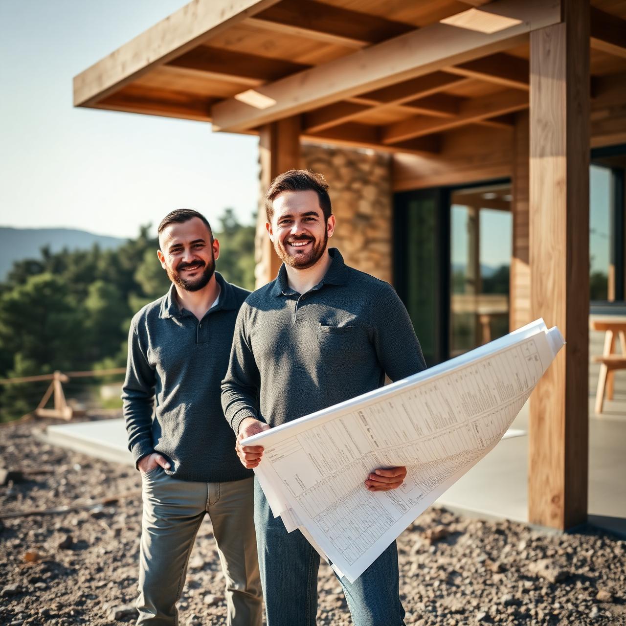 The Frangoudes sons, the next generation of the family construction business, on the site of a contemporary stone-and-timber villa in Souni